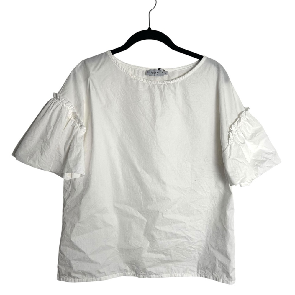 Harshman Womens Nagy White Blouse NWOT SZ L Balloon Short Sleeve Classic
